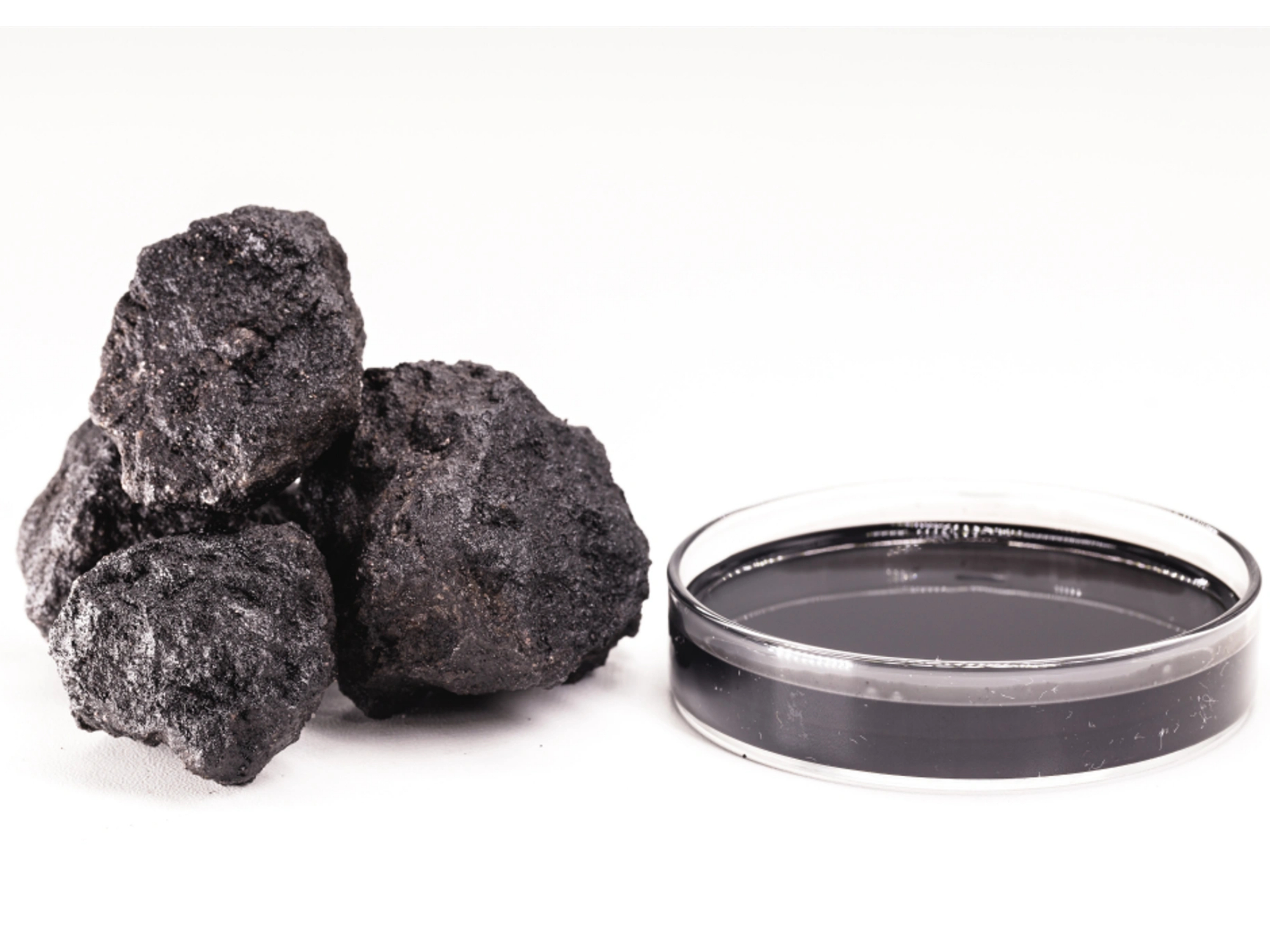 Petri dish with petroleum, fuel oil, with stone petroleum coke ore, petroleum products and refined products, industrial use