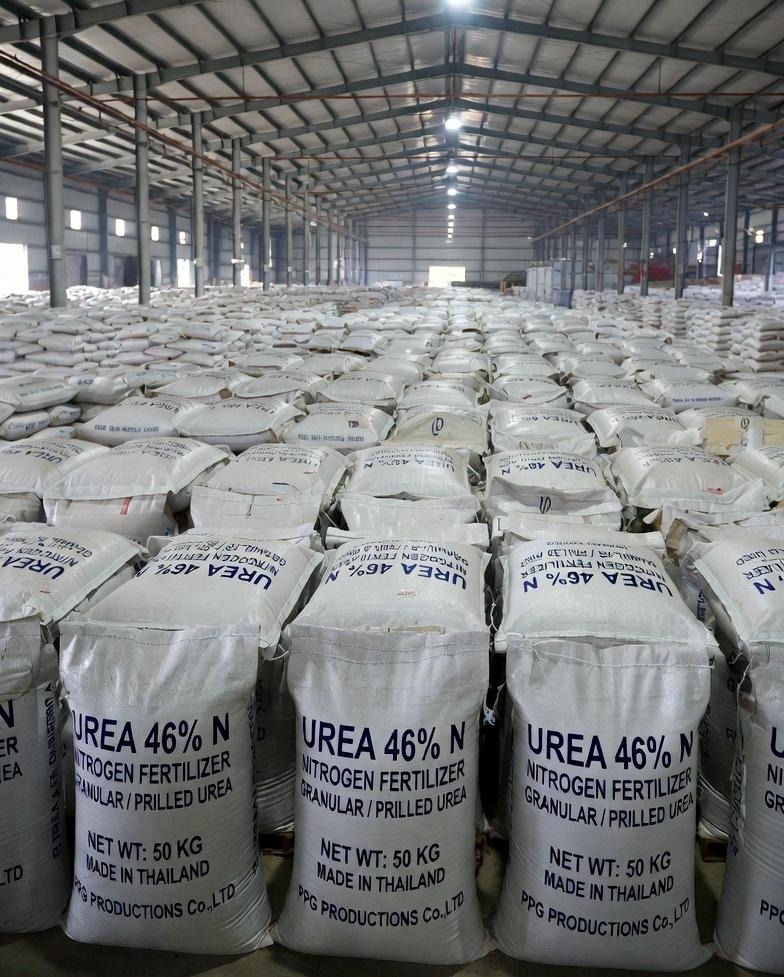 Urea N46 fertiliser bags stored in a warehouse